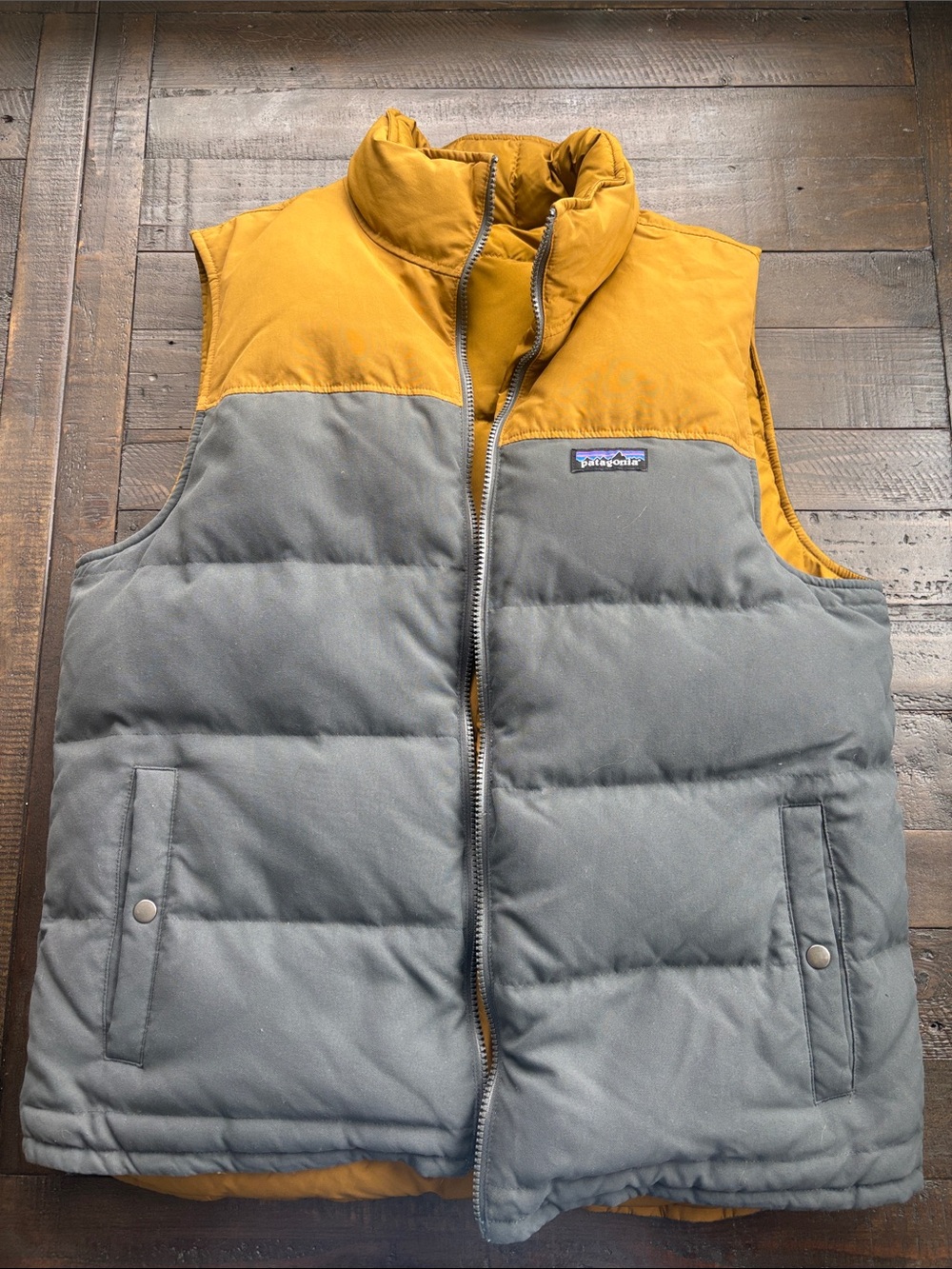 Patagonia Two-Tone Puffer Vest in Mustard & Gray - Reversable